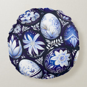 Skandinavisches blaues Osterei-Frühlingsflorales Rundes Kissen