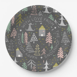 Skandinavisches Doodle-Weihnachtsdorf personalisie Pappteller