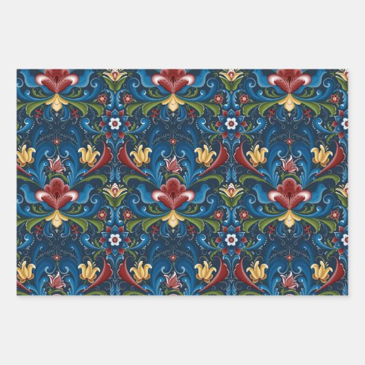 Skandinavisches Folklore Art Blue Red Floral Muste Geschenkpapier Set (Vorderseite)