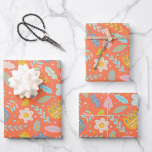 Skandinavisches Gesichtsflormuster in Orange Geschenkpapier Set