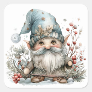 Skandinavisches Gnome in Baby Blue Watercolor Quadratischer Aufkleber