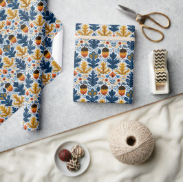 Skandinavisches Herbstmuster in Navy-Blatt & Orang Geschenkpapier
