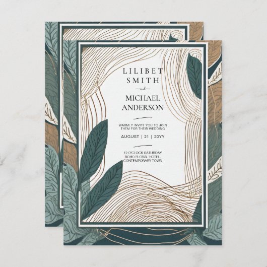 Skandinavisches Japandi Hochzeit Abstraktes Grün A Einladung (Vorne/Hinten)