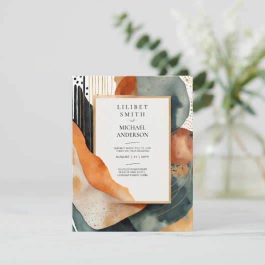Skandinavisches Japandi Hochzeit Abstraktes Grün A Einladung (Stehend Vorderseite)