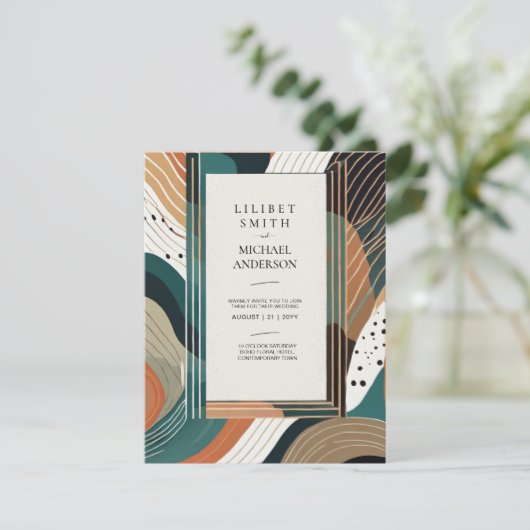 Skandinavisches Japandi Hochzeit Abstraktes Grünbr Einladung (Stehend Vorderseite)