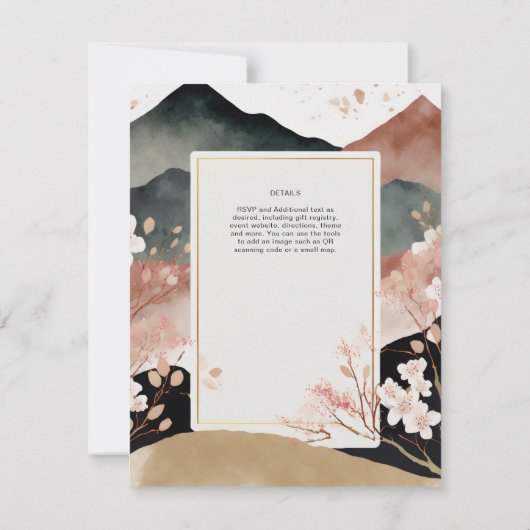 Skandinavisches Japandi Hochzeitthema Cherry Bloss Einladung (Rückseite)