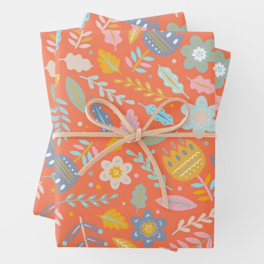 Skandinavisches Muster für Blütenmuster in Orange Geschenkpapier Set (Beispiel)