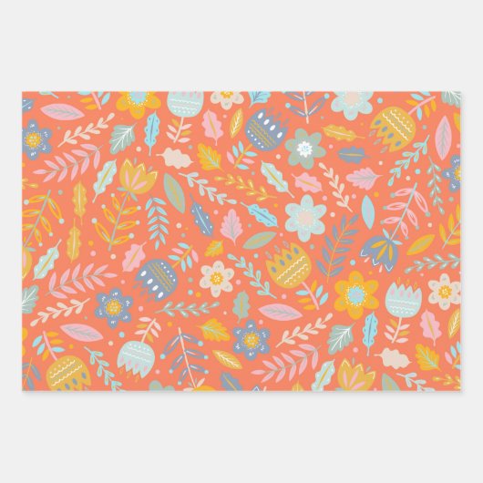 Skandinavisches Muster für Blütenmuster in Orange Geschenkpapier Set (Vorderseite)