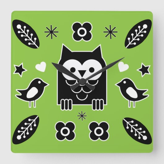Skandinavisches Owl Folkloregeschenk Quadratische Wanduhr (Vorderseite)