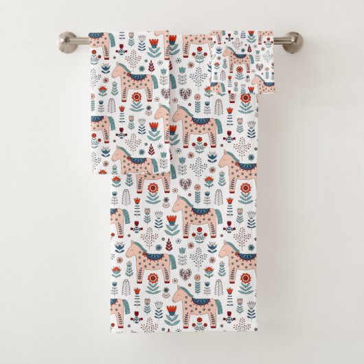 Skandinavisches PferdeVolkskunst-Muster Badhandtuch Set (Insitu)