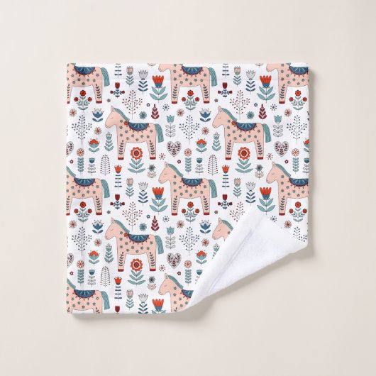 Skandinavisches PferdeVolkskunst-Muster Badhandtuch Set (Waschlappen)