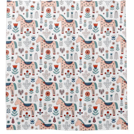 Skandinavisches PferdeVolkskunst-Muster Duschvorhang (Vorderseite)