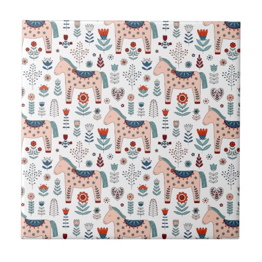 Skandinavisches PferdeVolkskunst-Muster Fliese (Vorderseite)