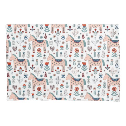 Skandinavisches PferdeVolkskunst-Muster Kissenbezug (Vorderseite-Links)