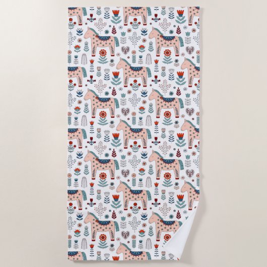 Skandinavisches PferdeVolkskunst-Muster Strandtuch (Vorderseite)