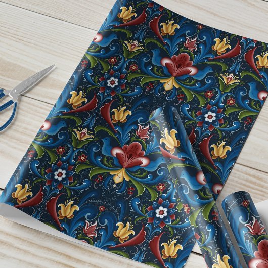 Skandinavisches Rosemaling Folk Blue Red Geschenkpapier