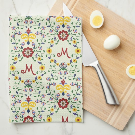 Skandinavisches Rosemaling Monogram Muster Nordic Geschirrtuch (Viertel Falte)