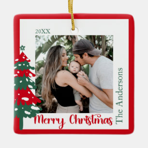 Skandinavisches Rot & Grün ein Foto Frohe Weihnach Keramikornament