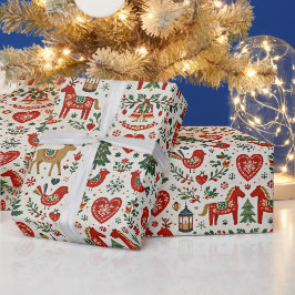 Skandinavisches rotes und grünes Volkskunst-Weihna Geschenkpapier