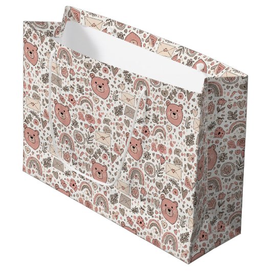Skandinavisches Teddybär-Boho-Muster Große Geschenktüte (Vorderseite Schrägansicht)