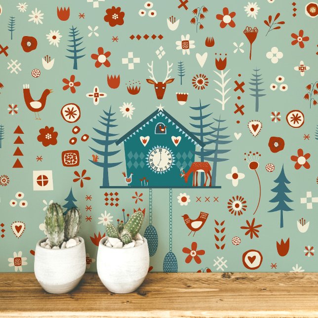 Skandinavisches Waldmuster Tapete (Scandinavian Forest sage teal green folk art peel and stick wallpaper)