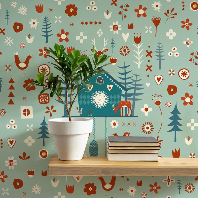 Skandinavisches Waldmuster Tapete (Scandinavian Forest sage teal green folk art peel and stick wallpaper)
