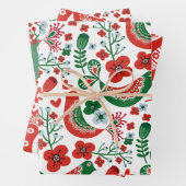 Skandinavisches Weihnachtsmuster mit Blume und Vög Geschenkpapier Set (Beispiel)