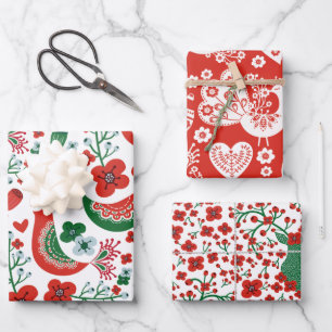 Skandinavisches Weihnachtsmuster mit Blume und Vög Geschenkpapier Set