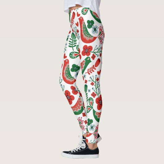 Skandinavisches Weihnachtsmuster mit Blume und Vög Leggings (Links)