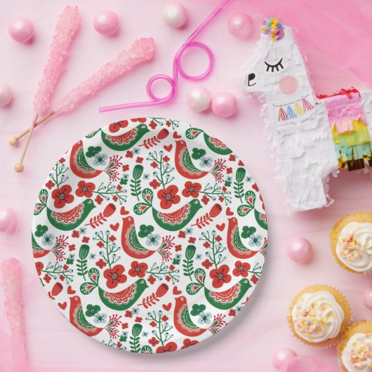 Skandinavisches Weihnachtsmuster mit Blume und Vög Pappteller (Party)