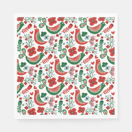 Skandinavisches Weihnachtsmuster mit Blume und Vög Serviette (Vorderseite)