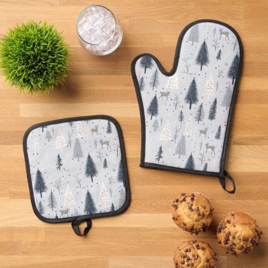 Skandinavisches Winterwald Ofenhandschuh & Topflappen-Set (Oben Unten)
