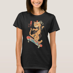 Skatana Skateboarding Tätowierte Katze Ukiyo E Jap T-Shirt