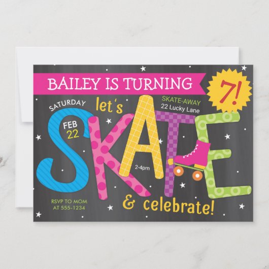 Skate Birthday Girl Skaten Party Chalkboard Einladung (Vorderseite)