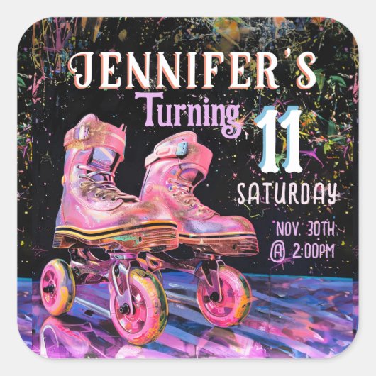 Skate Birthday Party Einladung Quadratischer Aufkleber (Vorderseite)