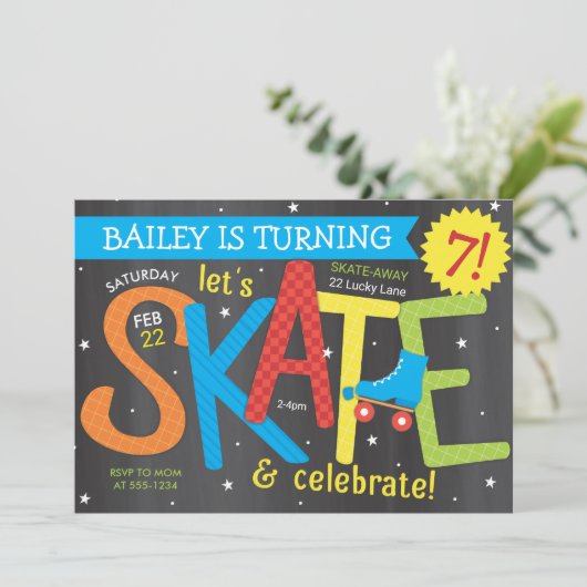 Skate Birthday Party - Rechte auf Chalkboard Einladung (Stehend Vorderseite)