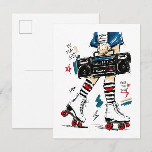 Skate mit Musik Boombox Rollerskates Retro Postkarte