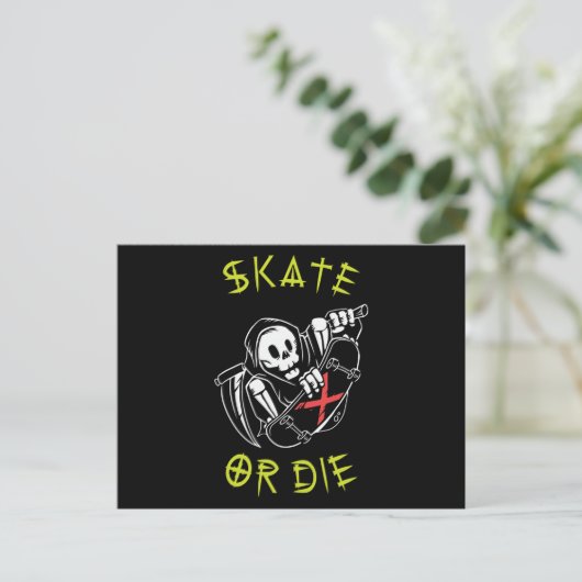 Skate oder die Grim Sensenmann Skeletton Skateboar Postkarte (Stehend Vorderseite)
