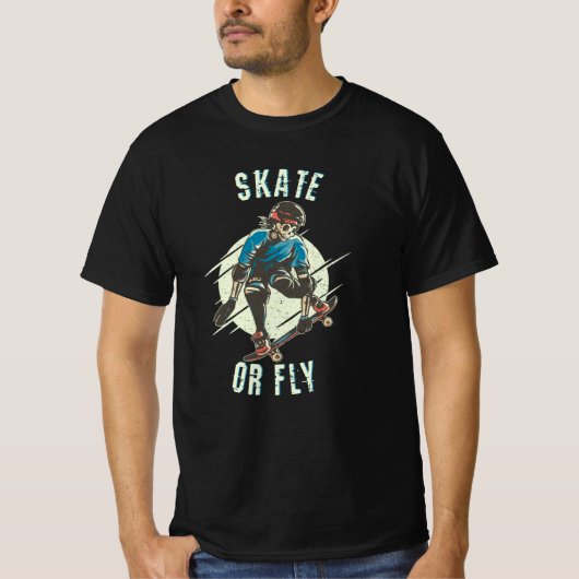 Skate oder Fly Skeleton Skateboarder T-Shirt (Vorderseite)