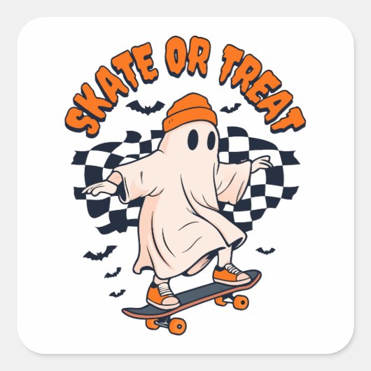 Skate- oder Leckerei-Ghost-Halloween Quadratischer Aufkleber (Vorderseite)
