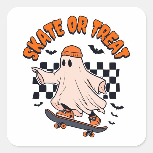 Skate- oder Leckerei-Ghost-Halloween Quadratischer Aufkleber (Vorderseite)