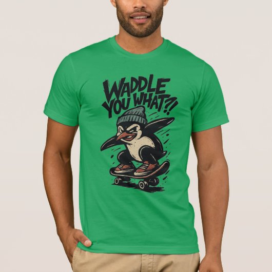Skate-Punk Penguin “Waddle You What?!” Design T-Shirt (Vorderseite)