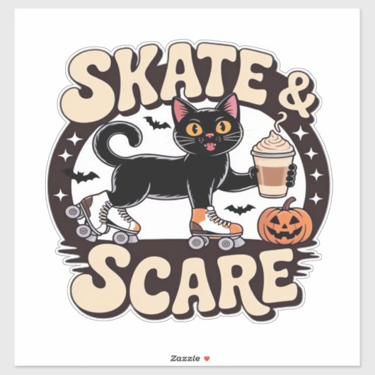 Skate & Scare � Cute Black Cat Roller Skating Over Aufkleber (Blatt)