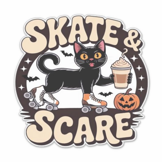 Skate & Scare � Cute Black Cat Roller Skating Over Aufkleber (Vorderseite)