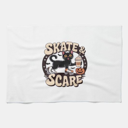 Skate & Scare � Cute Black Cat Roller Skating Over Geschirrtuch (Horizontal)
