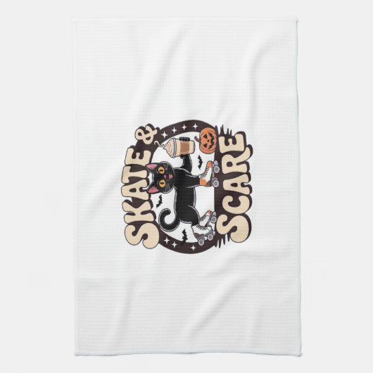 Skate & Scare � Cute Black Cat Roller Skating Over Geschirrtuch (Vertikal)