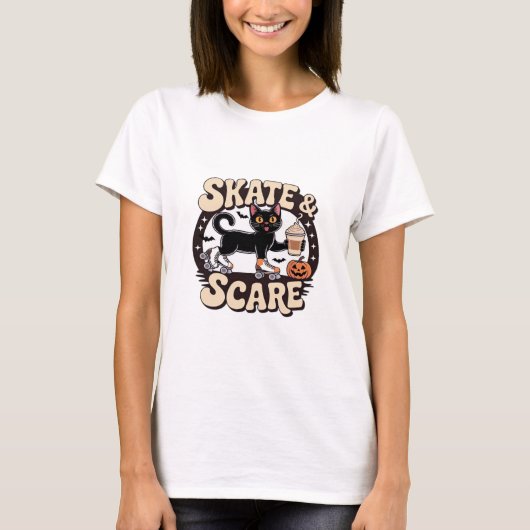 Skate & Scare � Cute Black Cat Roller Skating Over T-Shirt (Vorderseite)