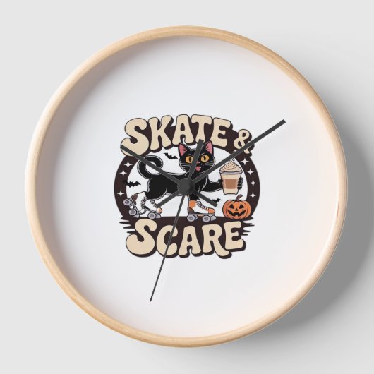 Skate & Scare – Cute Black Cat Roller Skating Over Uhr (Vorderseite)