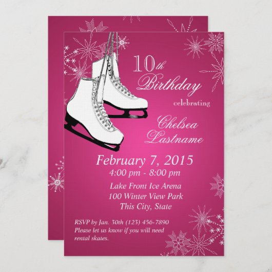 Skate und Schneeflocken Rosa Geburtstag Einladung (Vorne/Hinten)