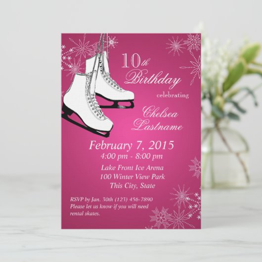 Skate und Schneeflocken Rosa Geburtstag Einladung (Stehend Vorderseite)